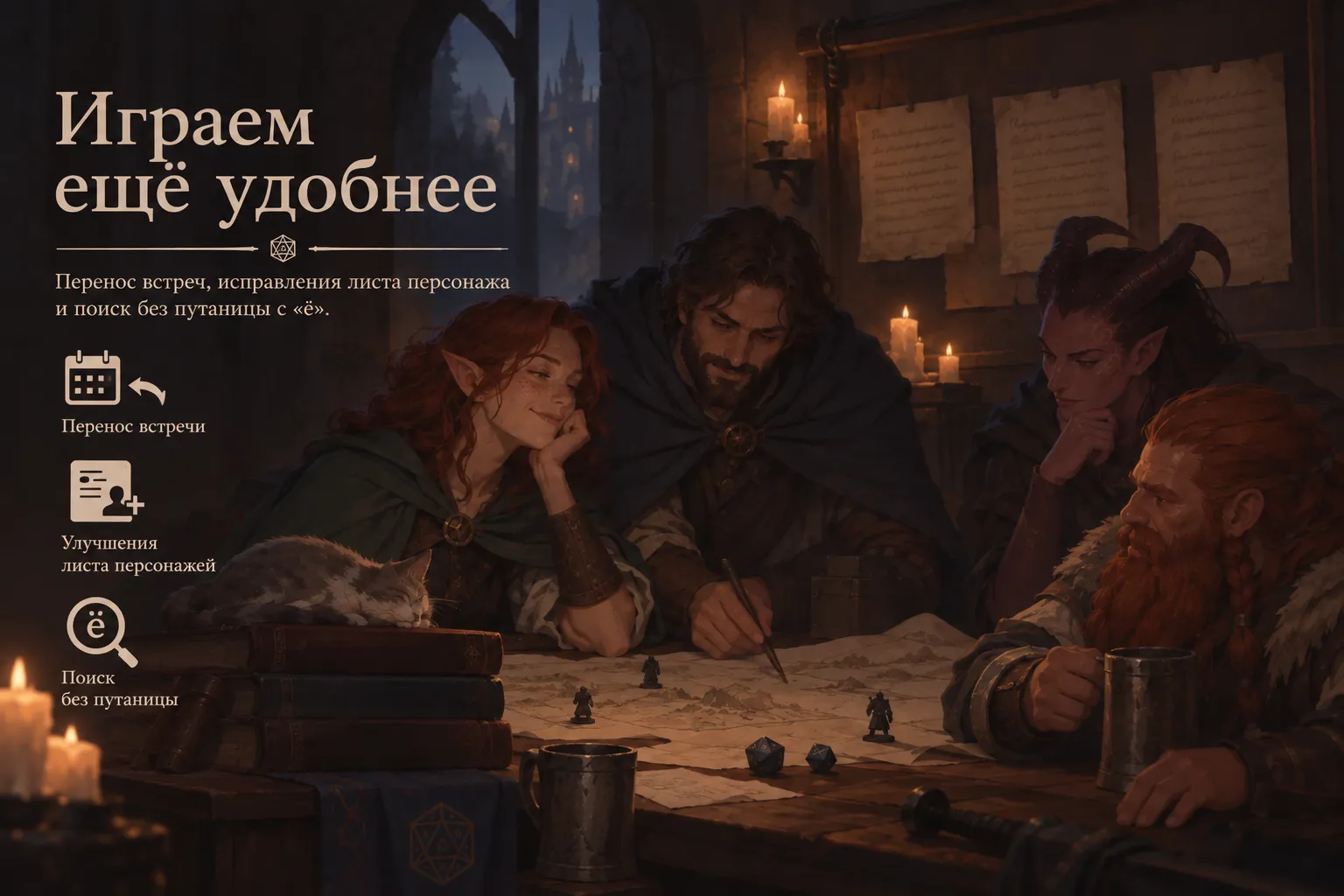 Перенос встреч, исправления листа персонажа и поиск без путаницы с «ё»